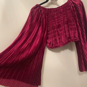 Velvet Off-Shoulder Pleated Crop Top in Deep Berry